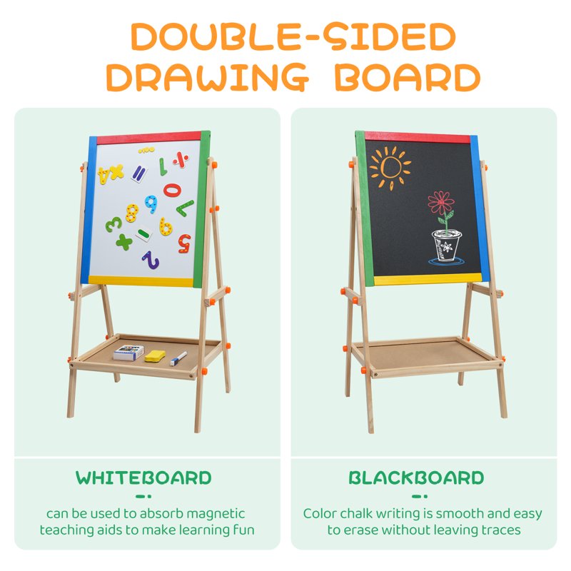 Kids Art Easel Double Sided Chalkboard & Dry Erase Board - Height Adjustable Wooden Stand