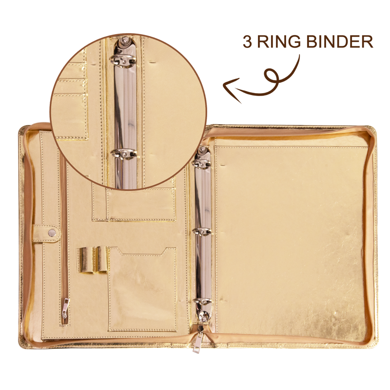 Vegan Leather Portfolio Binder with Zipper & Tablet Sleeve - Gold