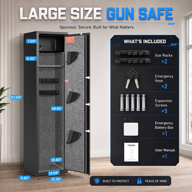 Gun Safe with Combination or Fingerprint Lock, Fireproof Steel Rifle Cabinet with Adjustable Shelves