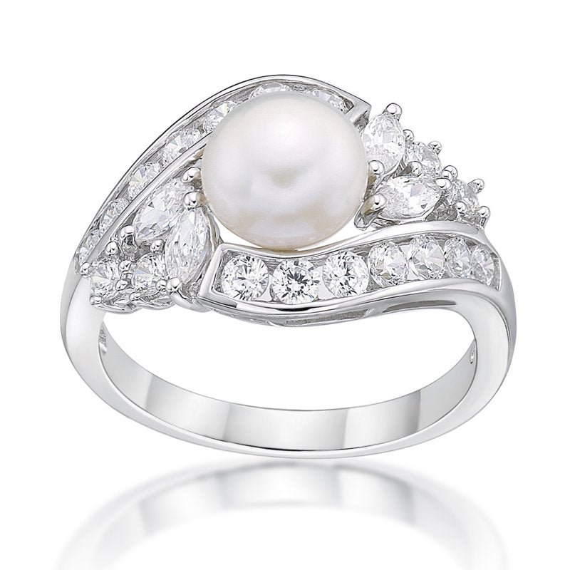 Sterling Silver Pearl Ring with Cubic Zirconia Accent - Hypoallergenic Jewelry