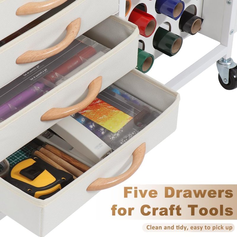 Craft Storage Cart with 28 Vinyl Roll Holders and 5 Drawers - Rolling Organizer for Cricut Machines