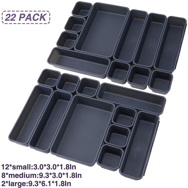 22 Pack Desk Drawer Organizer Set, Dark Grey, Multipurpose Storage