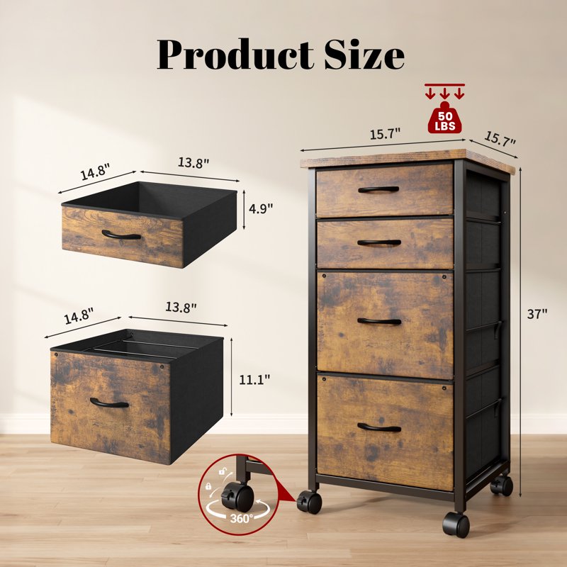 Mobile File Cabinet with Fabric Drawers and Wooden Top - Fits A4/Letter, Multi-Functional Home Office Storage