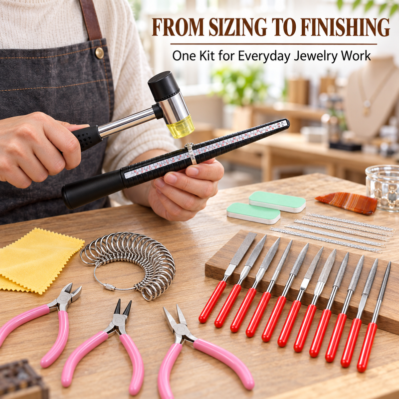 Jewelry Making Tool Kit with Pliers, Ring Sizer, Hammer & Polishing Tools