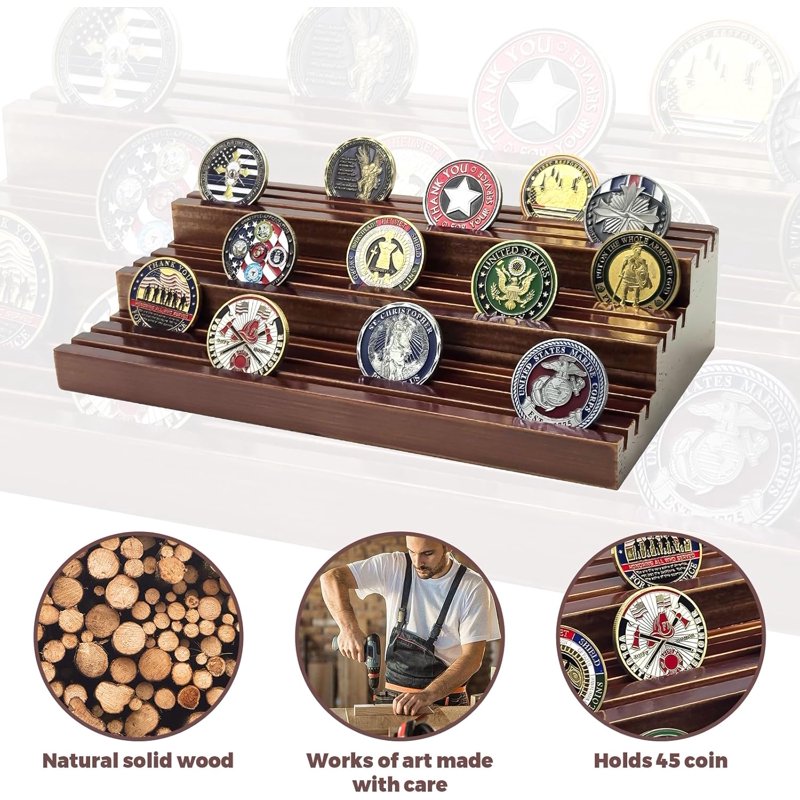 Wooden Challenge Coin Display Stand - Holds 45-60 Coins, 9 Rows Collector Display
