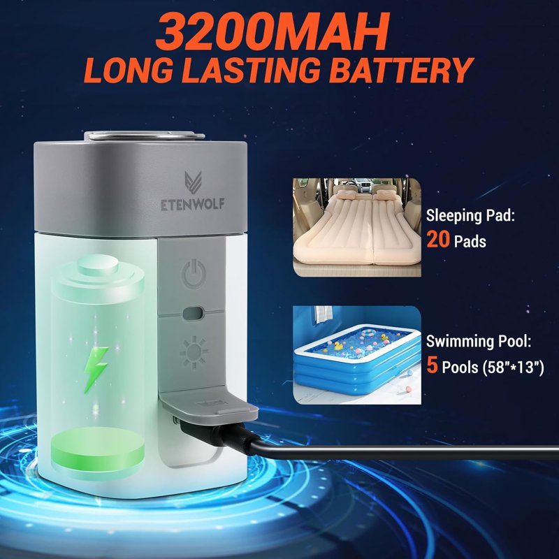 Portable Mini Air Pump with 3200mAh Battery for Inflatables, Fast Inflation & Deflation