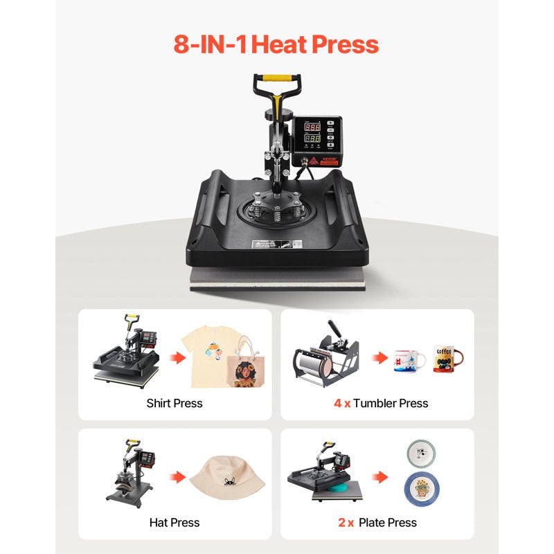 8-in-1 Heat Press Machine 15x15 Inch Digital Transfer for T-Shirts Mugs Hats