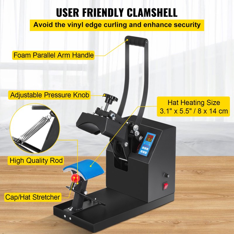 Heat Press for Hats 6x3.75 Inch Clamshell Curved Element Digital LCD Timer