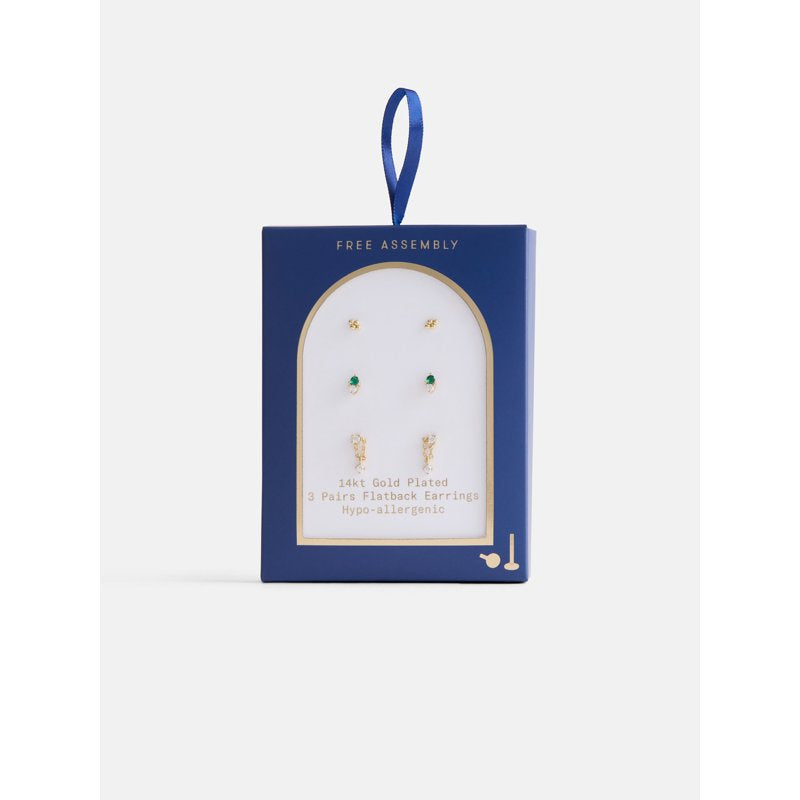 Women's 14K Gold Plated Cubic Zirconia Stud Earrings Set - 3 Pairs