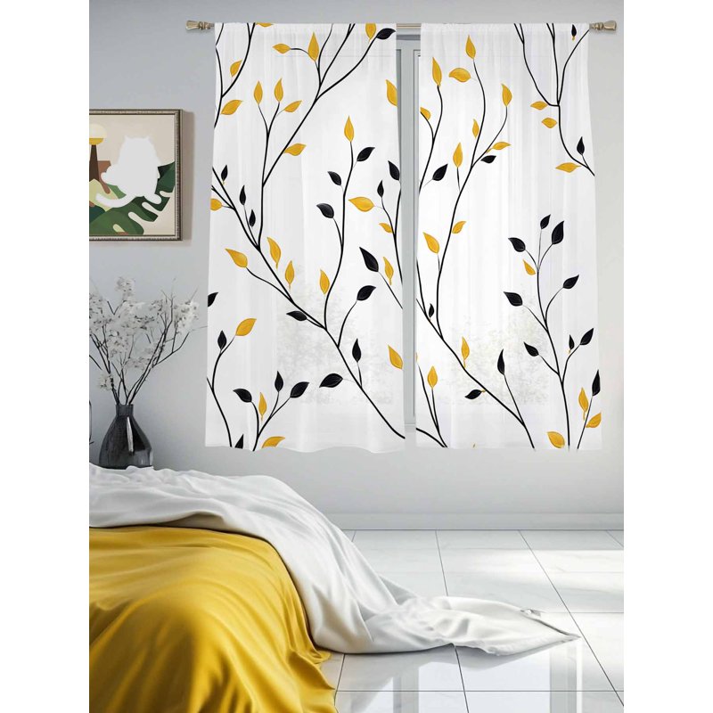 Yellow Sheer Curtains 72 Inch Length Set - Rustic Botanical Window Treatment