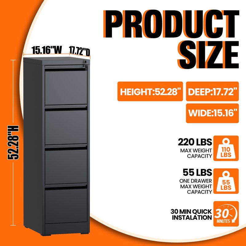 4-Drawer Locking Metal File Cabinet for Office Storage - Black