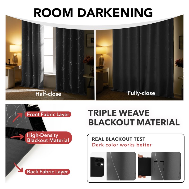 Blackout Curtain Panels with Silver Foil Wave Print - Room Darkening Drapes for Bedroom & Living Room