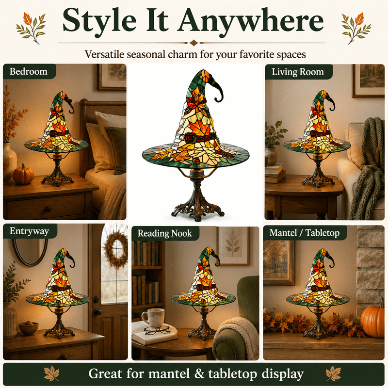 Gothic Witch Hat Table Lamp - Halloween Night Light, Colorful Art Glass Decor