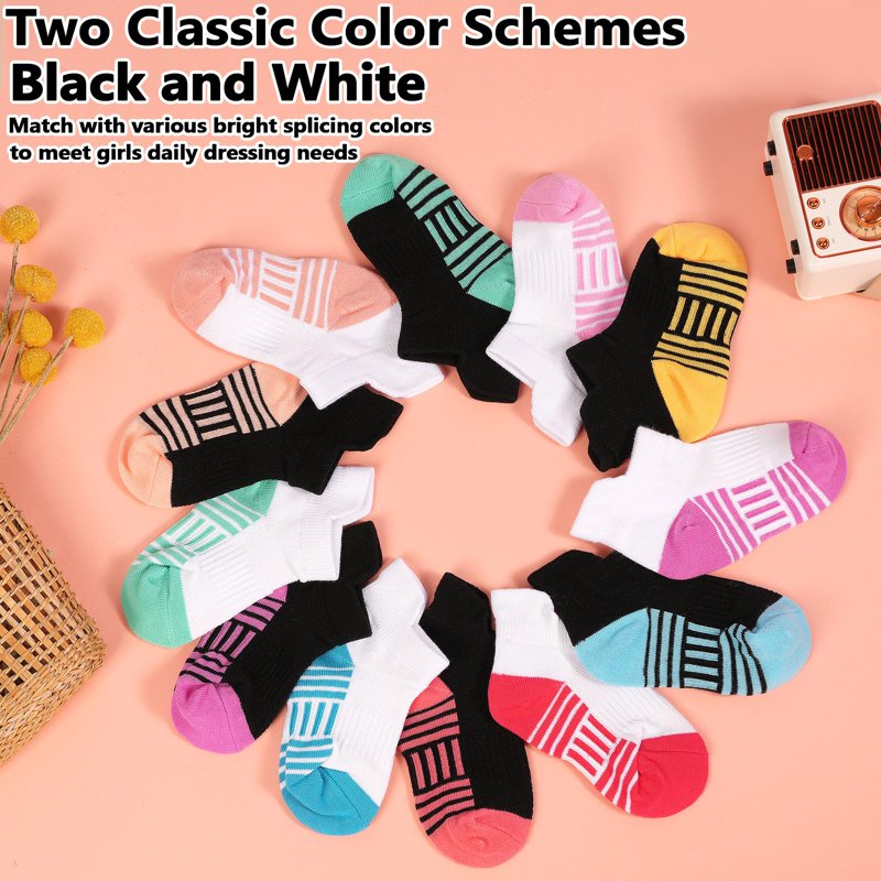 Girls Trainer Socks 12 Pairs - White/Black Athletic Ankle Socks for 1-14 Years (Variation: 01 Girls White Socks, 10-14 Years)