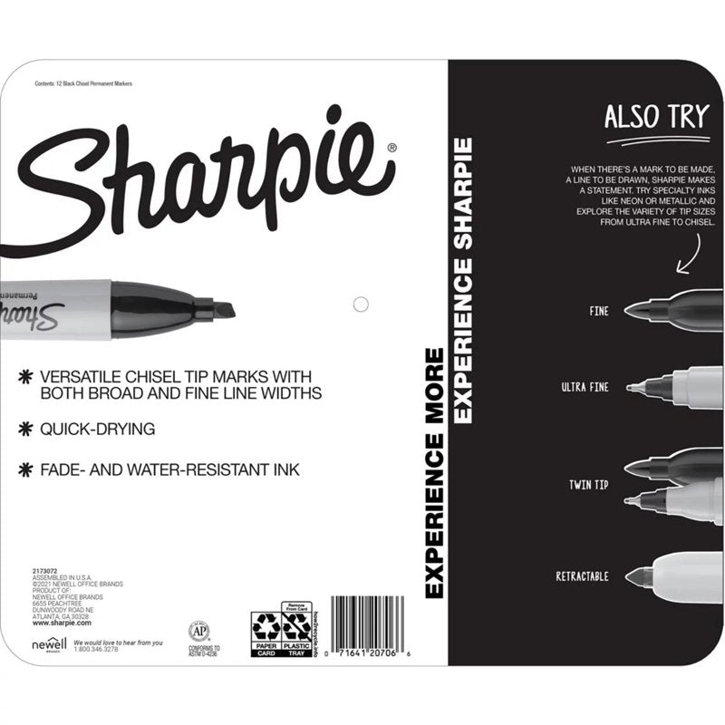 Sharpie Chisel Tip Permanent Markers Black 12 Pack - Quick Dry, Versatile