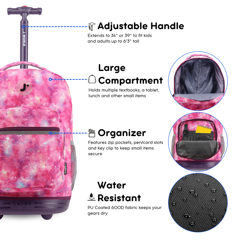 Unisex 18-Inch Rolling Backpack for School and Travel - Purple Galaxy