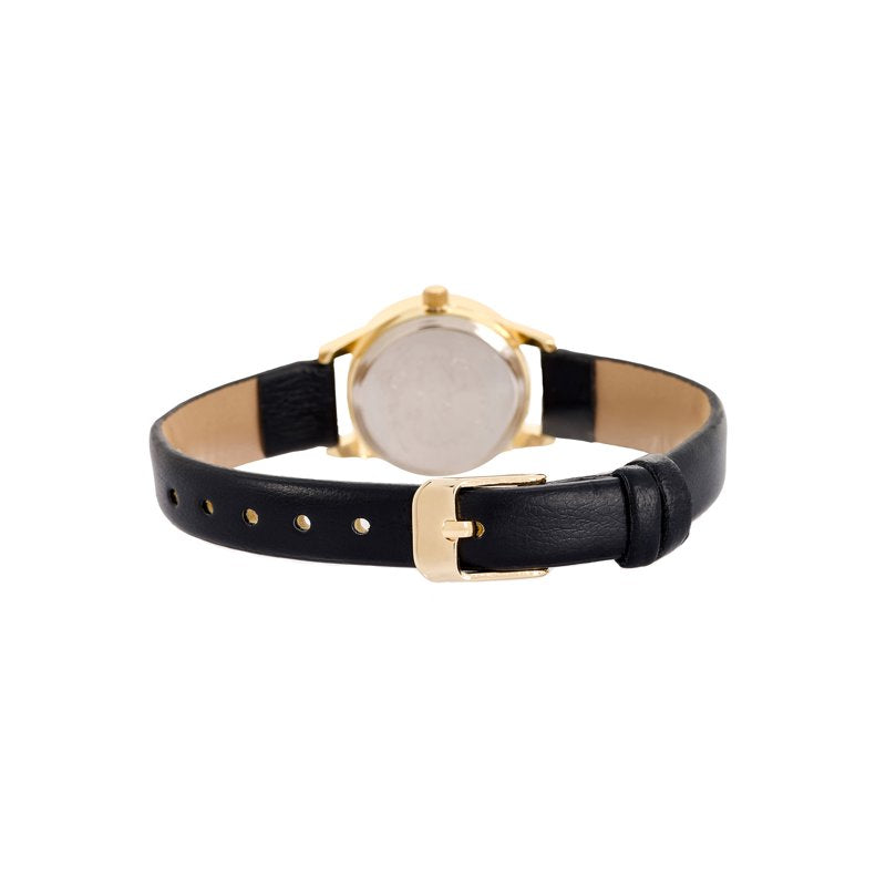 Gold Tone Cushion Case Watch for Women with Faceted Bezel and Leather Strap