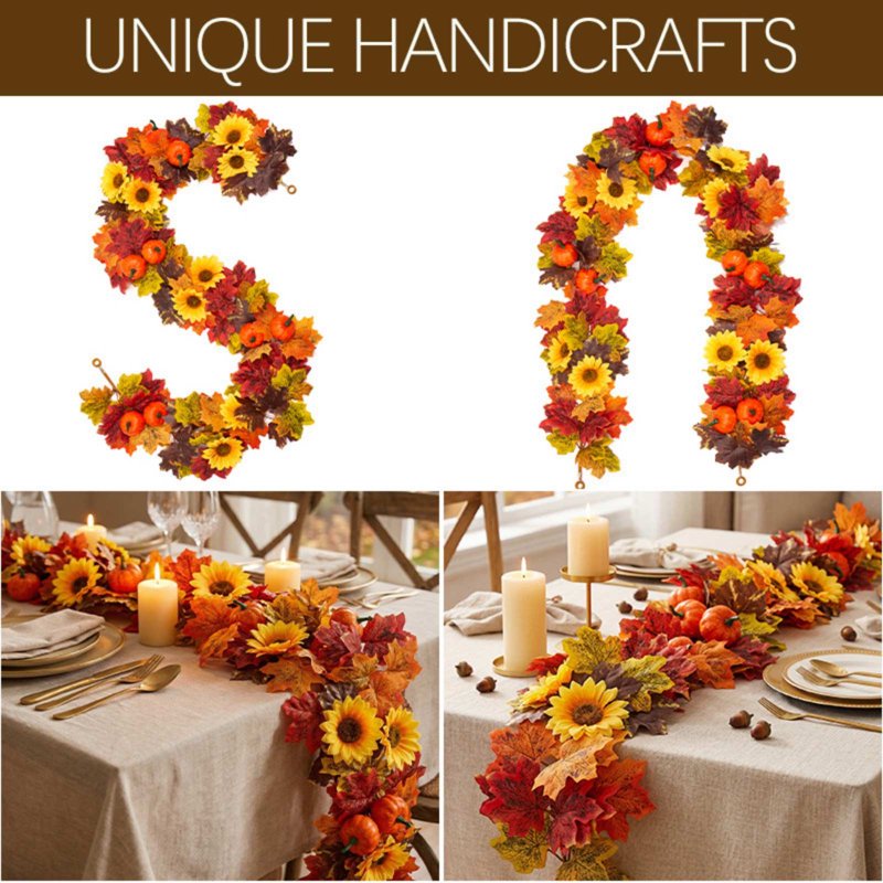 Autumn Garland with Maple Leaves, Pumpkins & Sunflowers for Thanksgiving Decor - 39 Inches Long