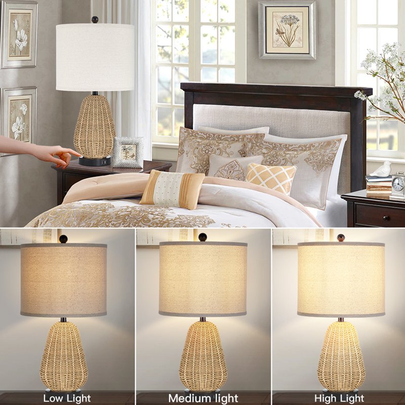 Modern Rattan Table Lamp with USB Charging Ports - Dimmable Bedside Lamp
