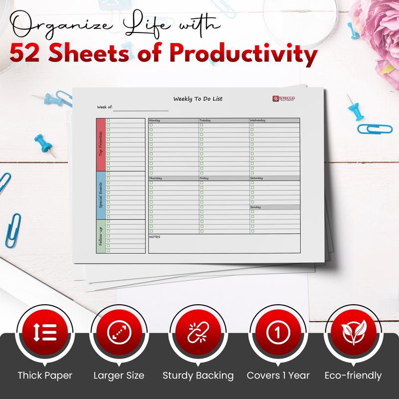 Weekly Notepad Planner 8.5 x 10.5 Inch - 52 Sheets, Flexible Layout