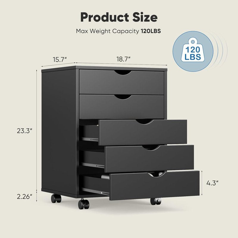 Mobile File Cabinet with 5 Drawers and Wheels - Under Desk Storage Organizer for Home Office