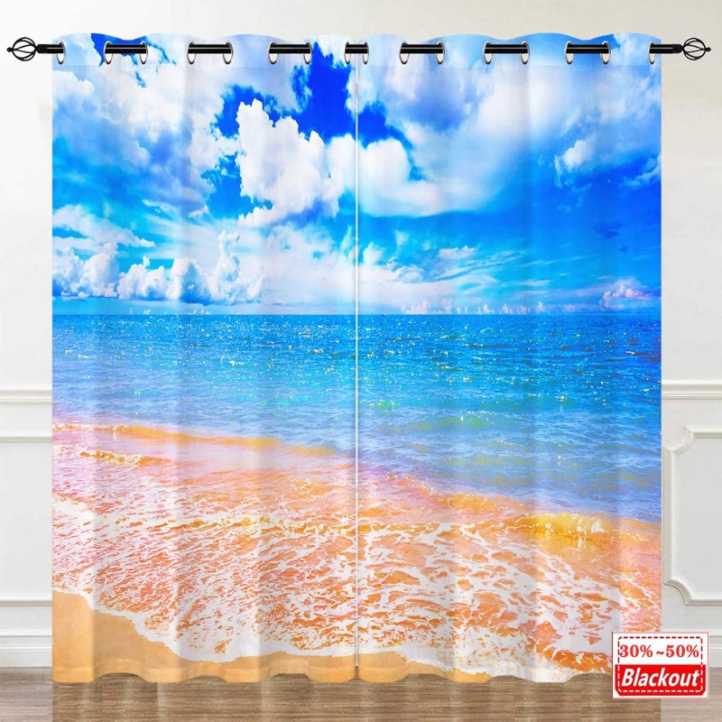 Beach Theme Tropical Ocean Wave Curtains - Waterproof Window Drapes for Bedroom & Living Room - 2 Panels