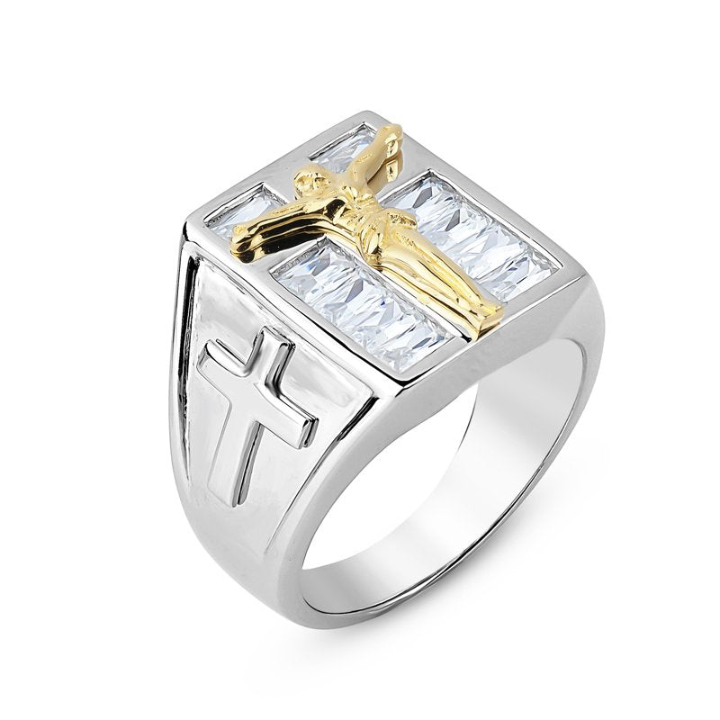 Men's Sterling Silver and Gold Plated Crucifix Ring with Cubic Zirconia Size 10