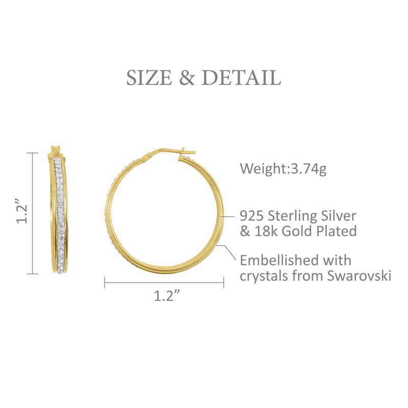 14K Gold Plated Sterling Silver Hoop Earrings with Crystals - Women's Classic Round Jewelry