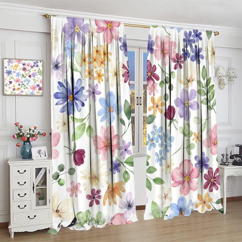 Floral Window Curtains Set - Rustic Flower Watercolor Pattern for Living Room & Bedroom