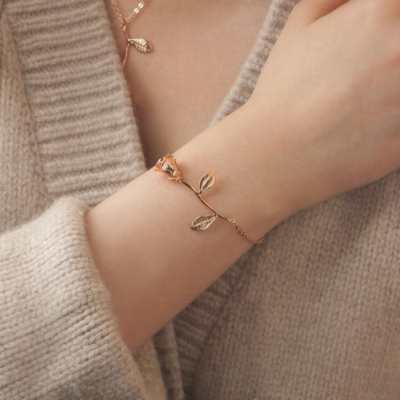 Rose Gold Brass Flower Bracelet Jewelry for Her - Gift Set with Gift Box