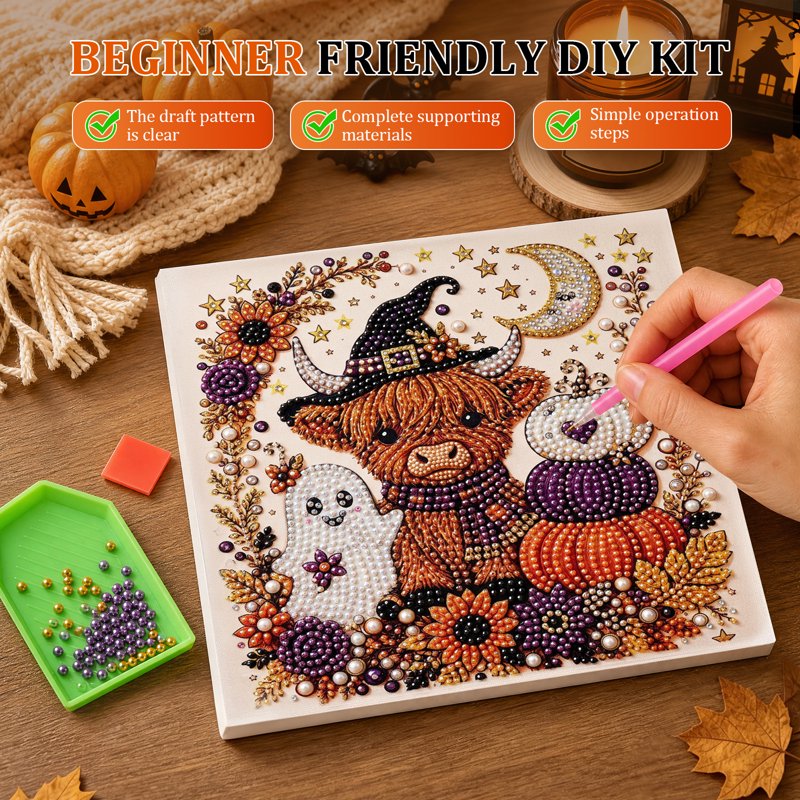 Halloween Pearl Art DIY Kit for Home Decor - Ghost & Pumpkin Design, Partial Drill, Luminous Pearls, Beginner Craft