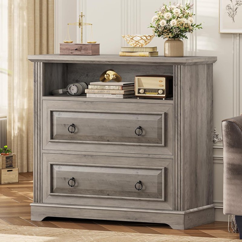 Farmhouse Style 2-Drawer File Cabinet with Printer Stand and Storage Shelf - Grey