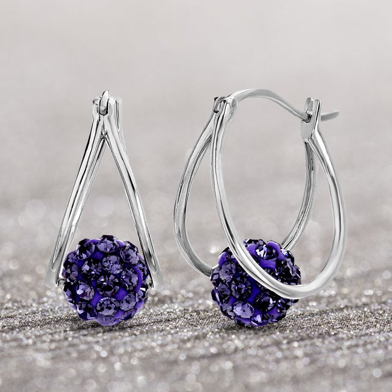 Purple Crystal Double Hoop Earrings Sterling Silver Rhodium Plated for Women
