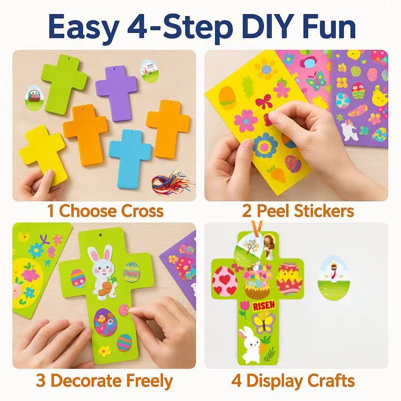 Easter DIY Craft Kit with Cross, Egg & Bunny Stickers - Kids Handmade Decorations