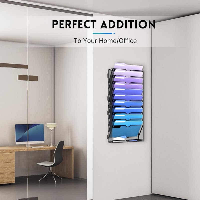 11-Tier Wall File Holder Organizer - Metal Wall Mount Hanging Office Storage