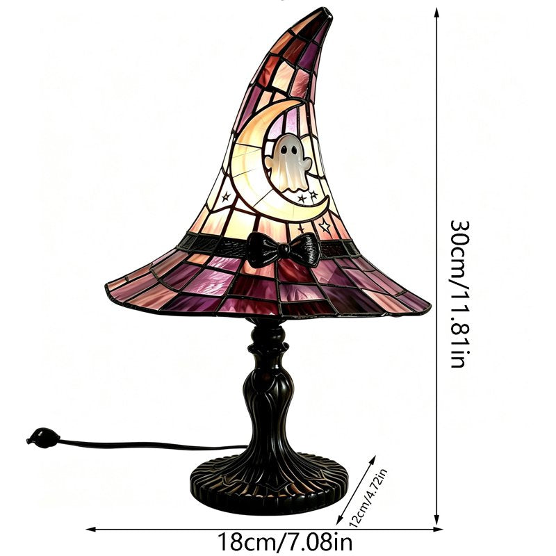 Stained Glass Witch Hat Lamp - Halloween Gothic Table Decor Night Light 11 Inch