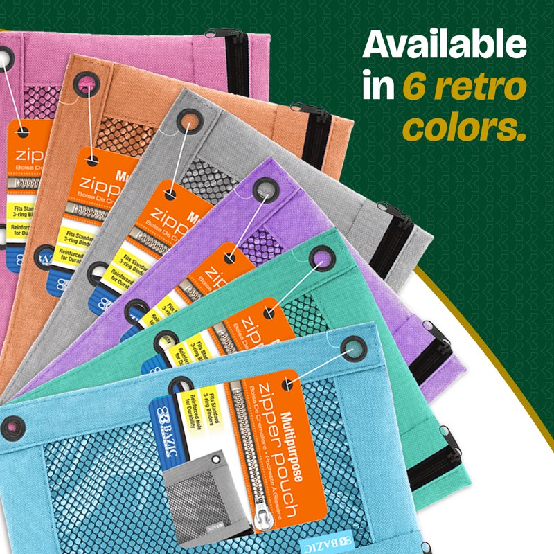 3-Ring Pencil Pouch with Mesh Window - Pastel Color, 6-Pack