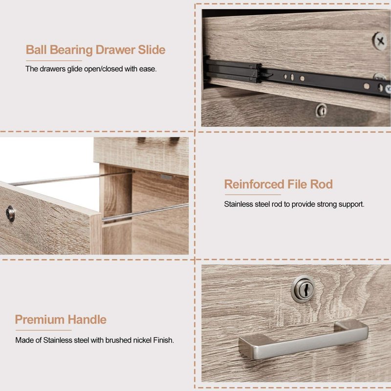 3-Drawer Mobile Wooden File Cabinet with Lock for Home Office or Business