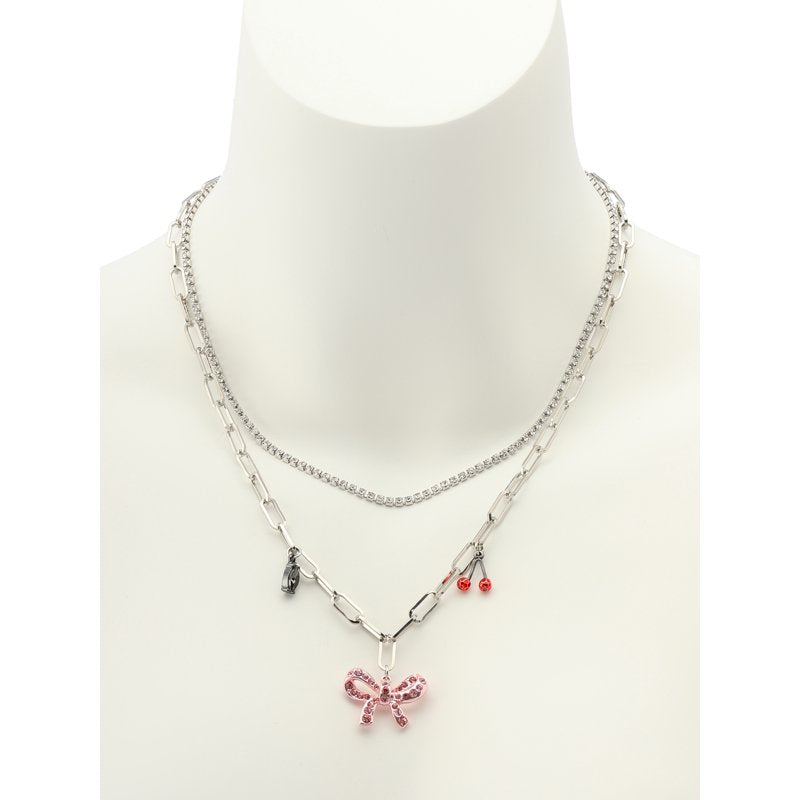 Women's Rhodium Bow Charm Pendant Necklace Set - Adjustable, Gift Ready