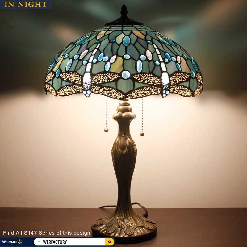 Large 24-Inch Sea Blue Tiffany Table Lamp with Stained Glass Dragonfly Design