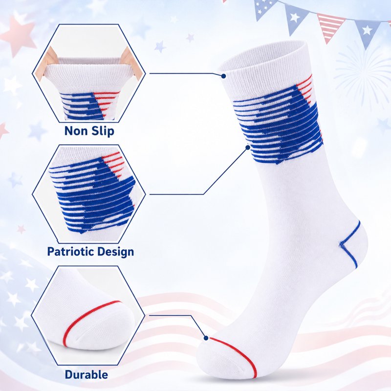 Men's Crew Socks 5 Pack - Breathable Patriotic Star and Stripe Pattern