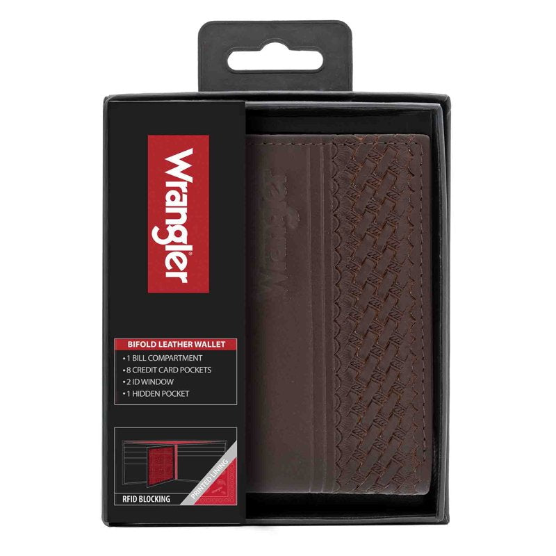 Men's Bifold Leather Wallet with Basket Weave Pattern - Western Style
