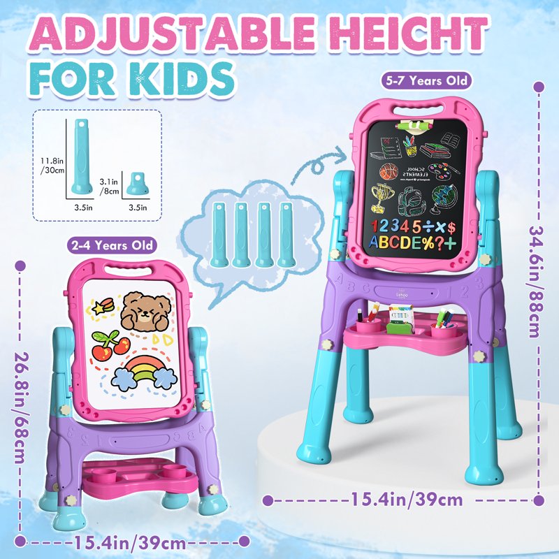 Kids Art Easel 4-in-1 Rotatable Double-Sided Drawing & Chalkboard Pink