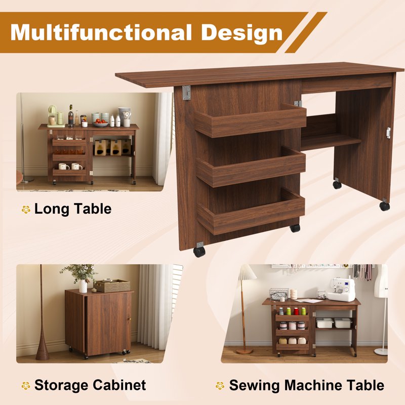 4-in-1 Folding Sewing Table with Storage and Wheels for Craft Room