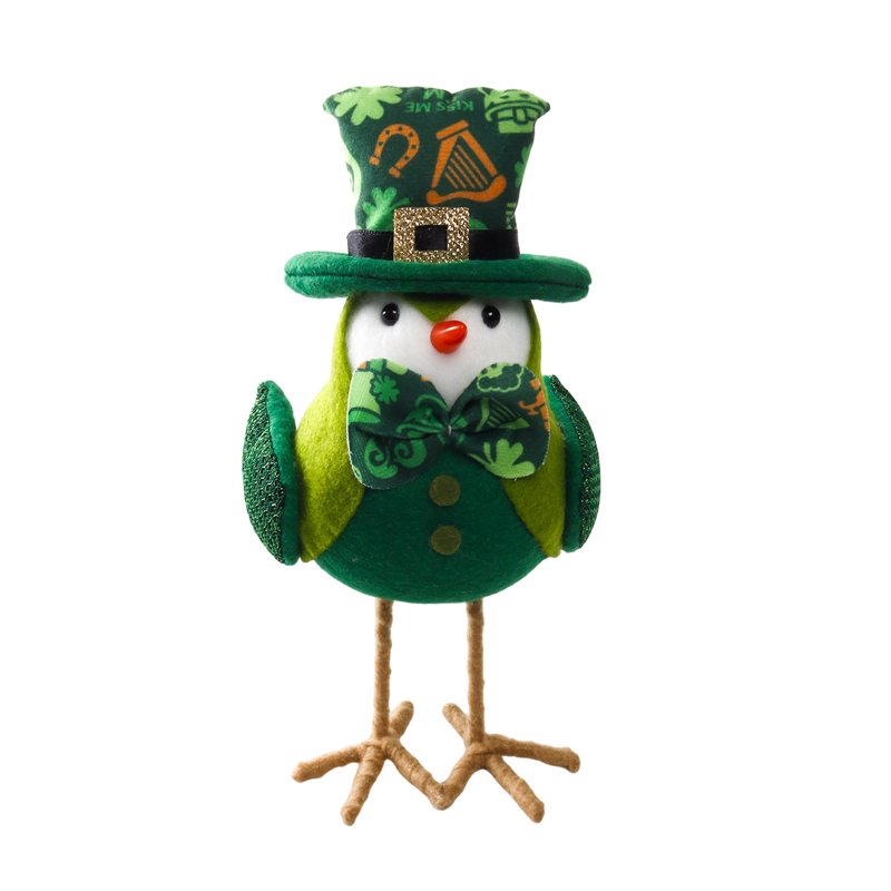 St Patrick's Day Plush Bird Decorations - Green Irish Figurines with Shamrock Pattern, Tabletop Ornaments for Holiday Party Decor
