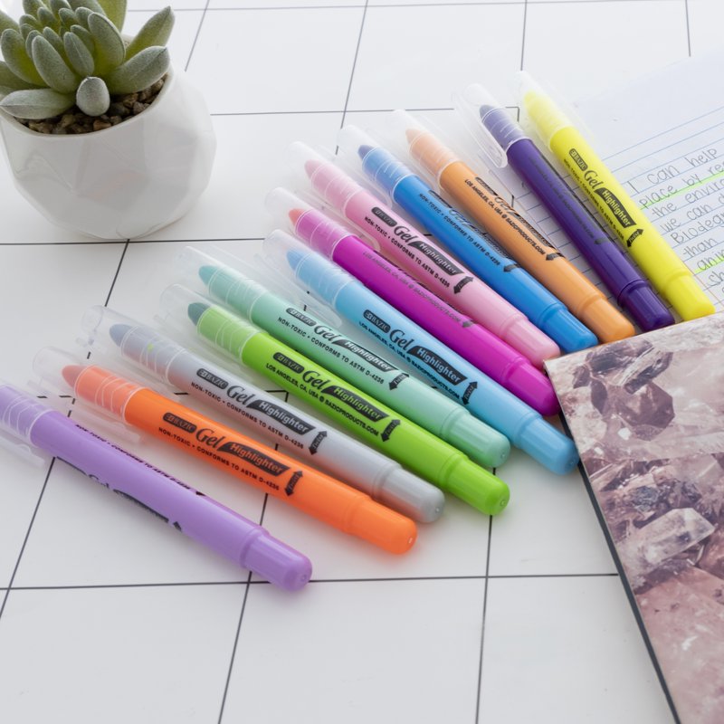 Bazic 12-Pack Classic Pastel Gel Highlighter Pens - No Bleed Bible Highlighter