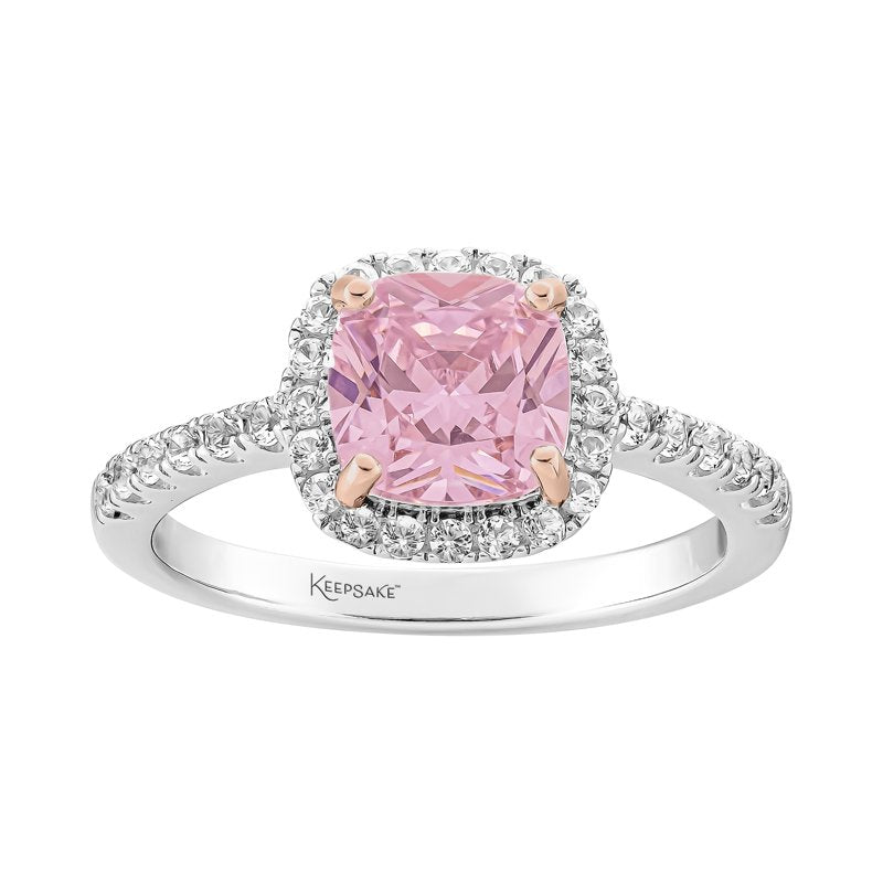 Sterling Silver Halo Engagement Ring with Pink Simulated Diamond and White Sapphires, 14K Rose Gold Accents