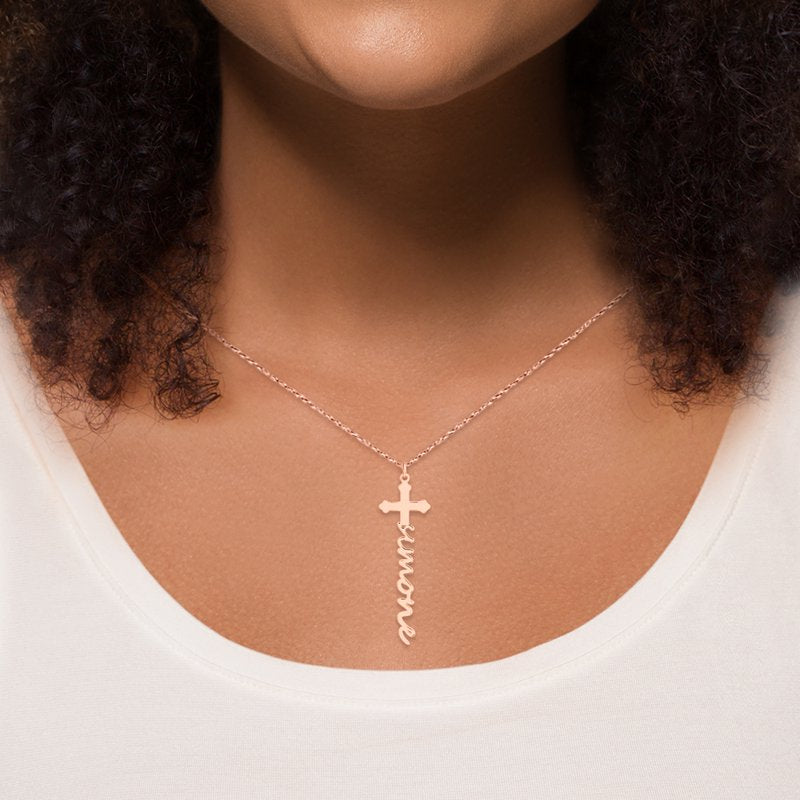 Personalized Script Name Cross Necklace in Sterling Silver, Gold or Rose Gold - Custom Religious Pendant with Chain