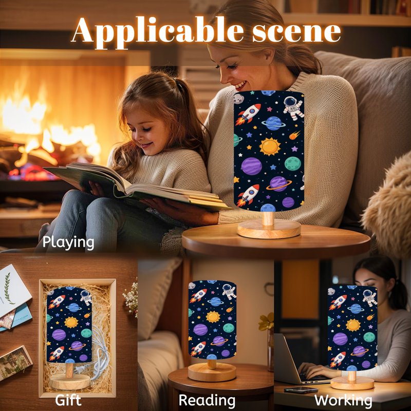 16-Color Dimmable Space Planet Table Lamp with Wood Base for Bedroom Nursery