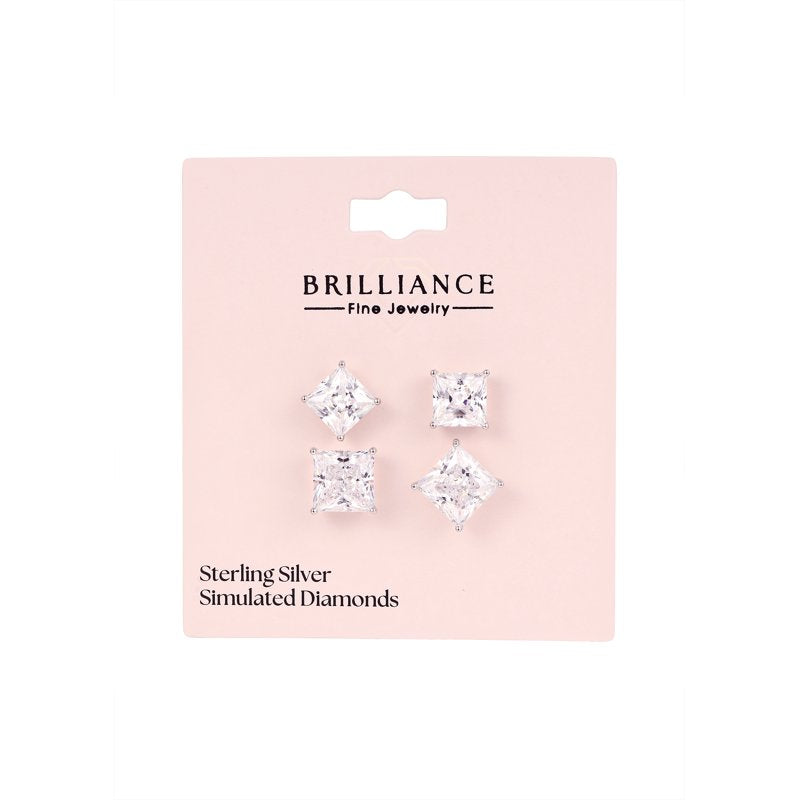 Simulated Diamond Square Earring Set in Sterling Silver - 2 Pairs Jewelry for Women
